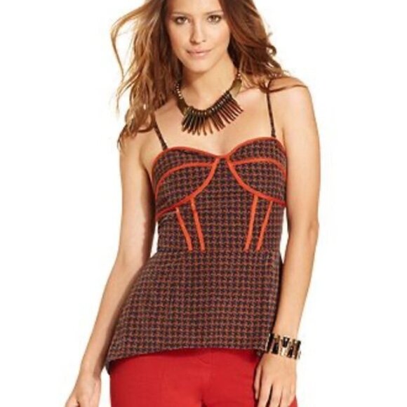 Bar III Houndstooth Print Corsetry Detailed Peplum Tank. Blue/Orange. Size L - Picture 1 of 14